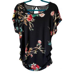 Suzy Shier Women's Black Floral Short Sleeve Top Size Large